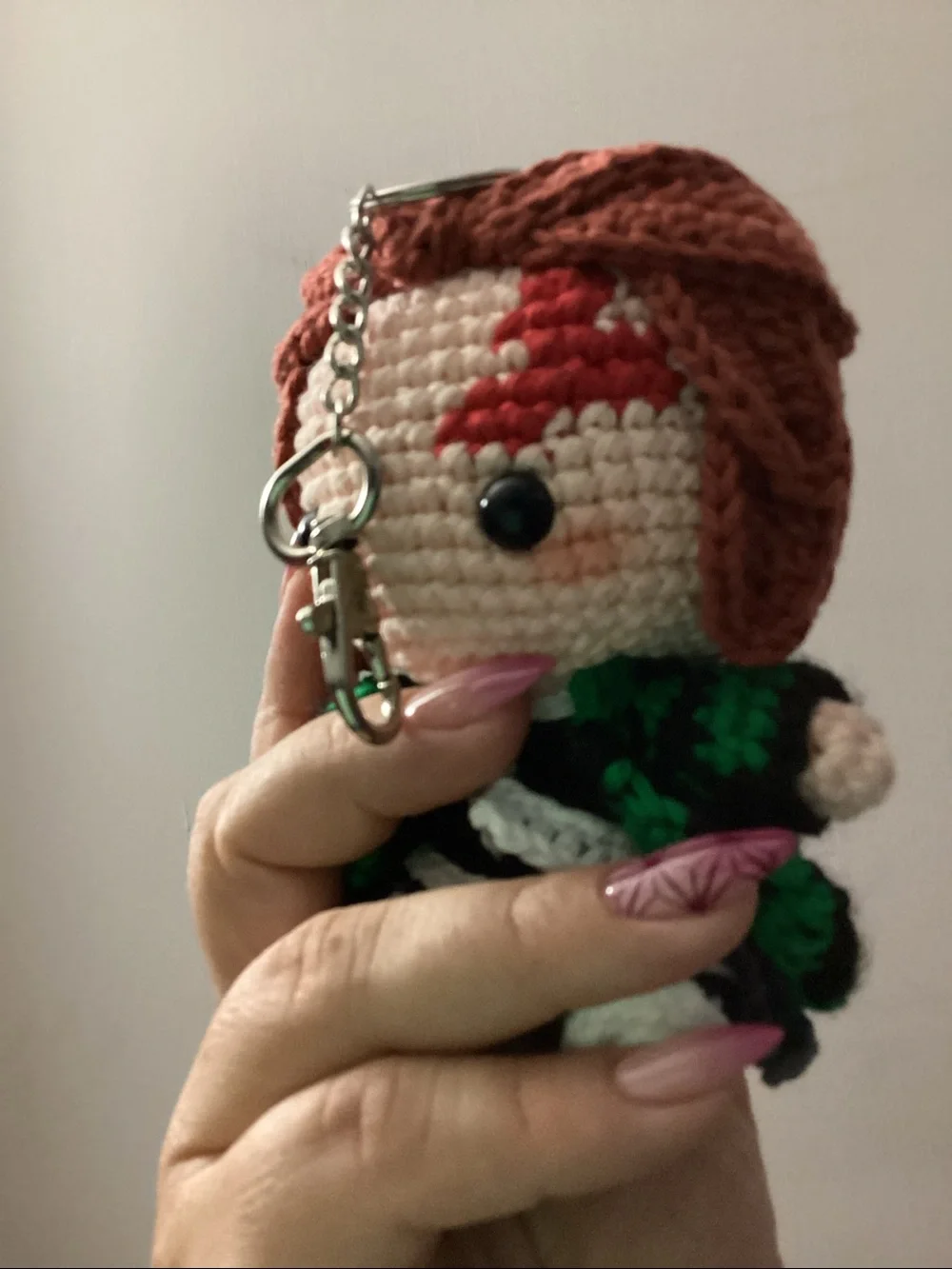 Handmade Crochet Tanjiro Keychain Doll - Red Hair, Green & Black Outfit
